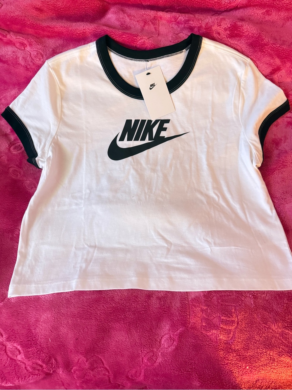 Nike White Cropped Ringer Tee with Black Logo